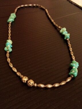 Turquoise Chip & Antiqued Silver Bead Necklace - Women Jewelry